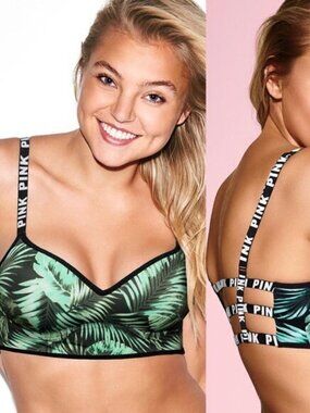 PINK Victoria's Secret Green/Black Botanical Print Strappy Bralette